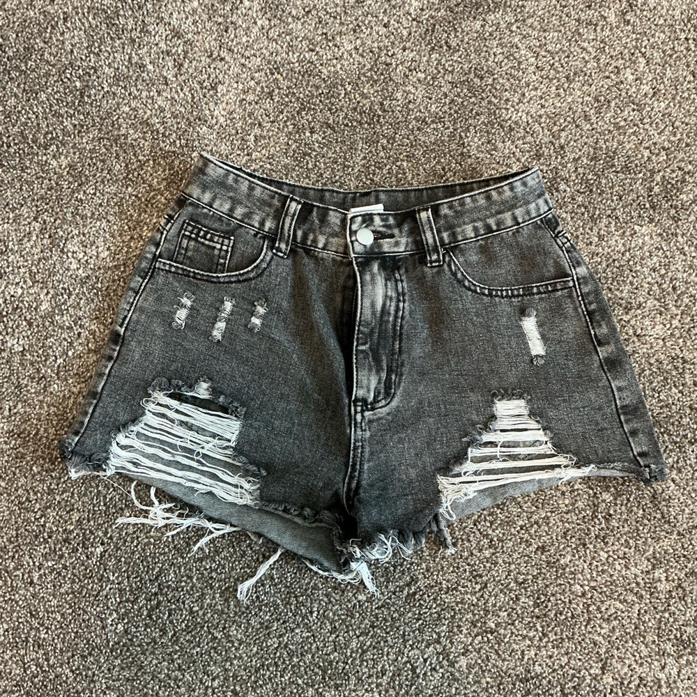 SHEIN Black Distressed Jean Shorts High-Waisted - Picture 2 of 5